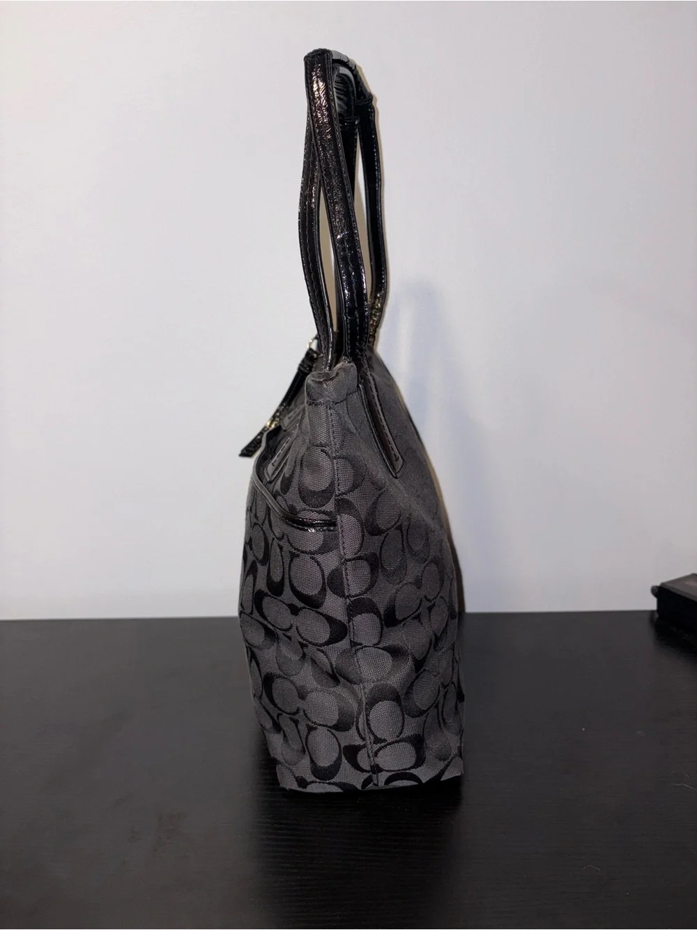 Coach F26706 Signature Gray Black Tote Shoulder Bag Snake Print Stripe